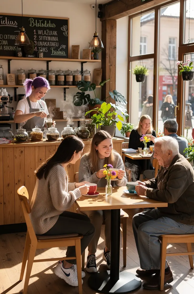 Vaistažolių arbatos ingredientai ant medinio stalo – ramunėlių, mėtų ir levandų žiedai
