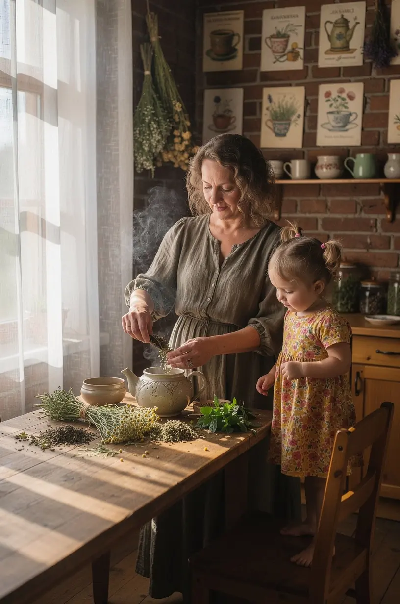 Rankos laiko arbatos puodelį, iš kurio kyla švelnus garas, simbolizuojantis natūralų atsipalaidavimą