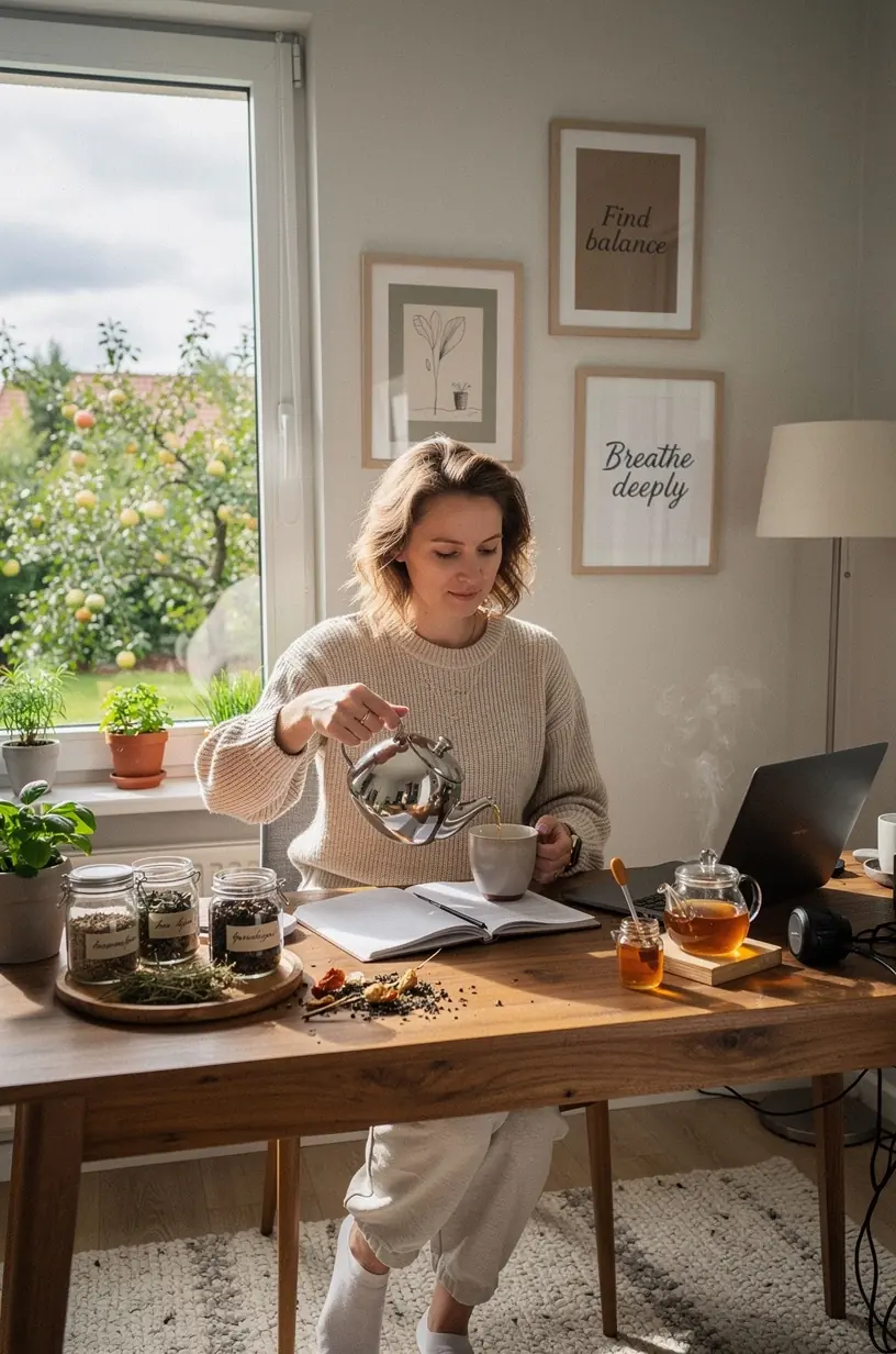 Informacinė lentelė su naudingomis žolelių arbatos savybėmis ir praktiniais patarimais sveikatai palaikyti