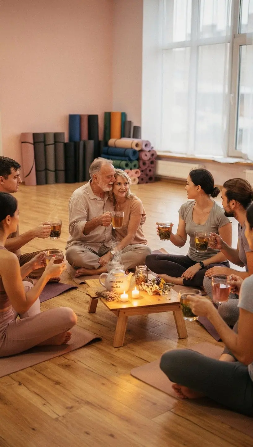 Arbatos puodelis ant medinio stalo, šalia džiovintų žolelių rinkinys ramybės pojūčiui sustiprinti