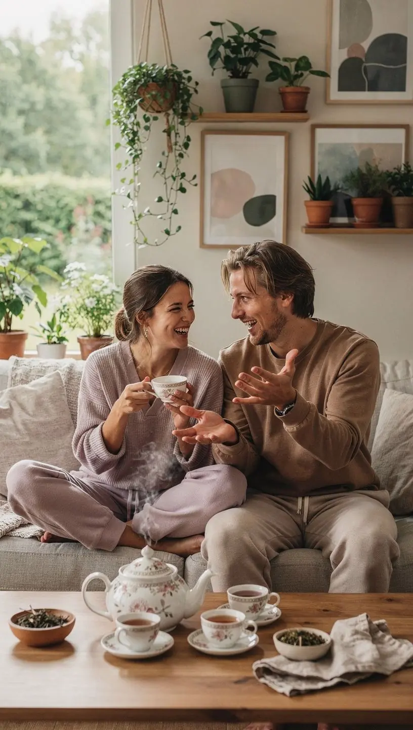 Rami namų aplinka su žvake, knyga ir žolelių arbatos puodeliu, skatinanti subalansuotą poilsio rutiną